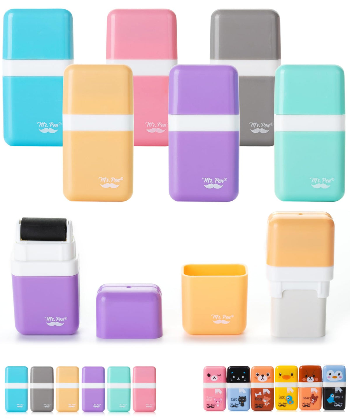 Mr. Pen- Eraser with Cover and Roller, 6 Pack, Pastel Colors