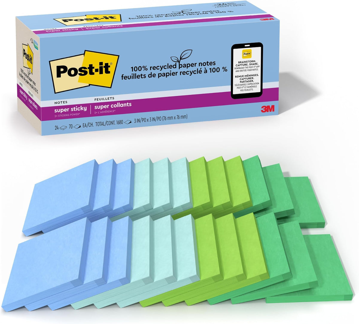 Post-it 100% Recycled Super Sticky Notes, 3 x 3 in, Oasis, 24 Pads