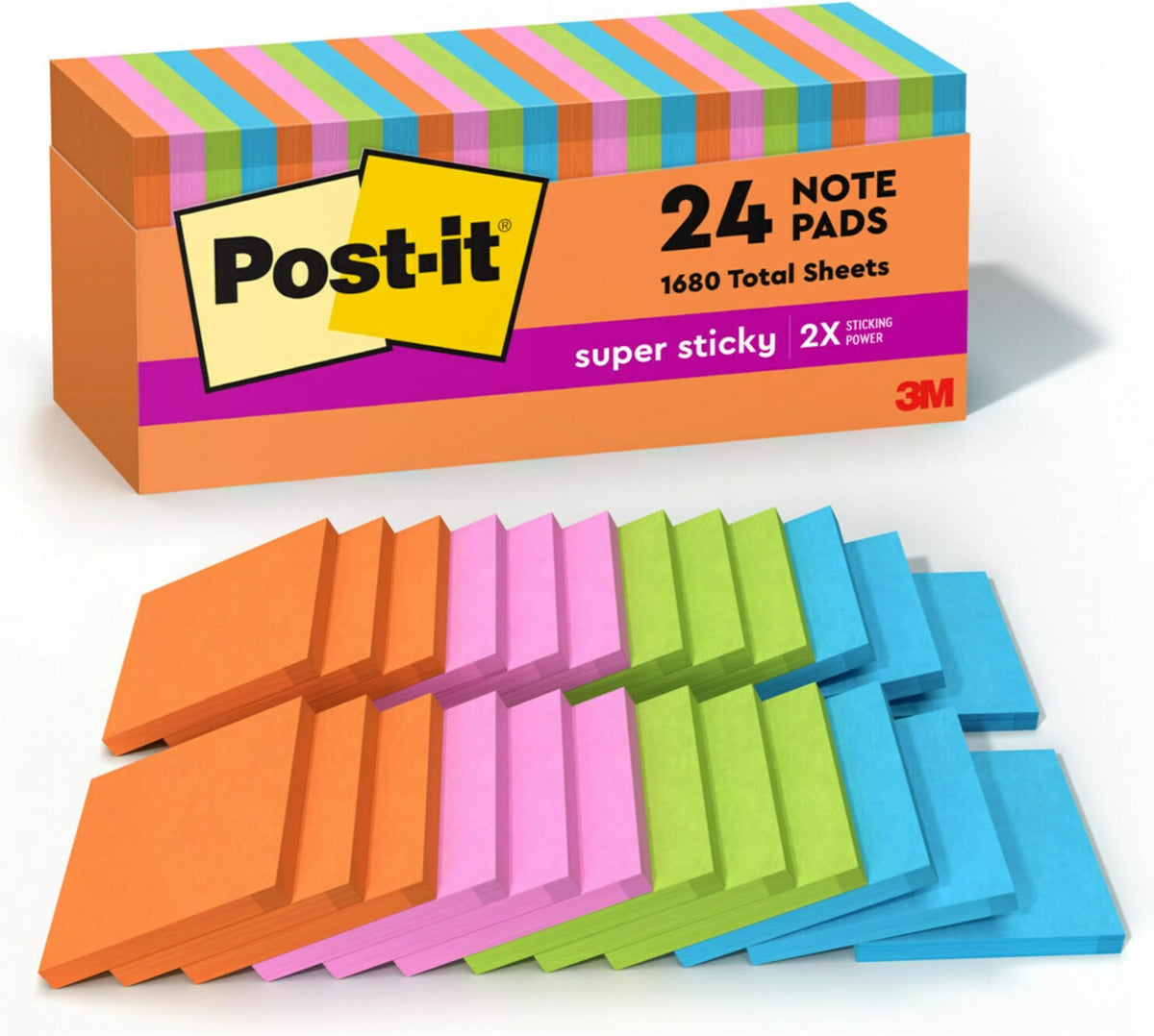 Post-it Super Sticky Notes, 3 x 3 in., Neon Fizz, 24 Pads