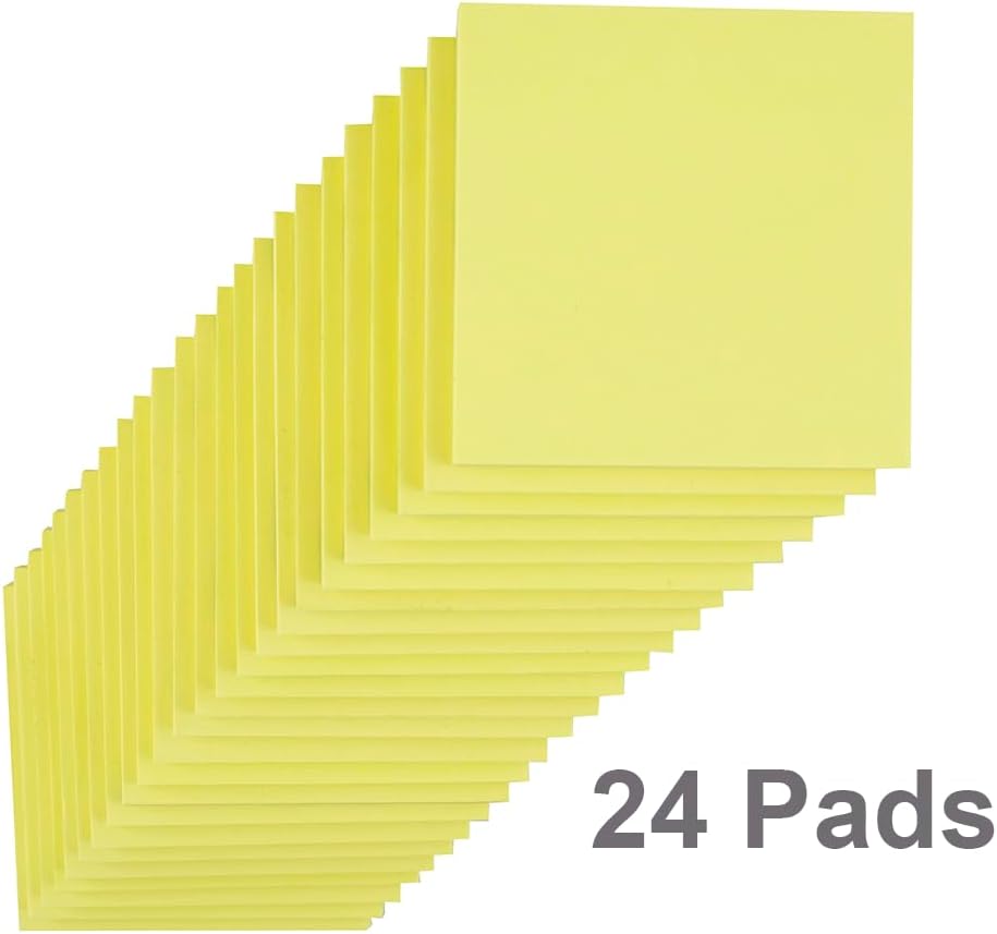 (24 Pads) Sticky Notes 3x3 in Yellow, Strong Adhesive, Clean Removal