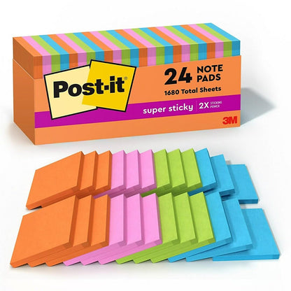 Post-it Super Sticky Notes, 3 x 3 in., Neon Fizz, 24 Pads