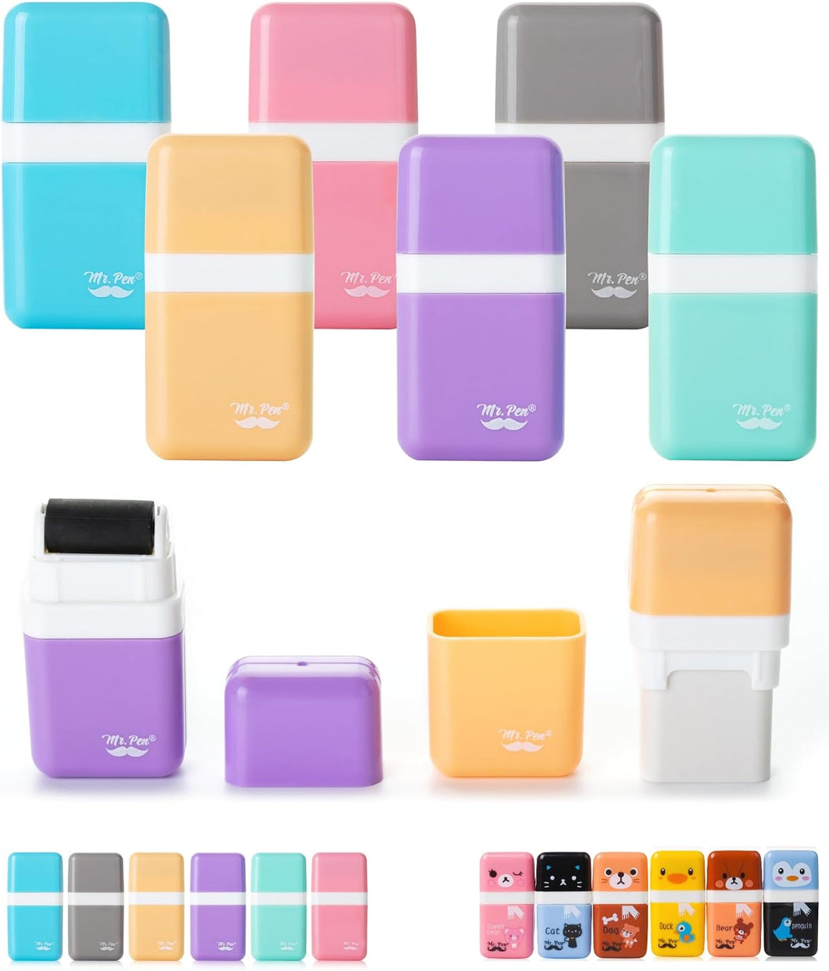 Mr. Pen- Eraser with Cover and Roller, 6 Pack, Pastel Colors