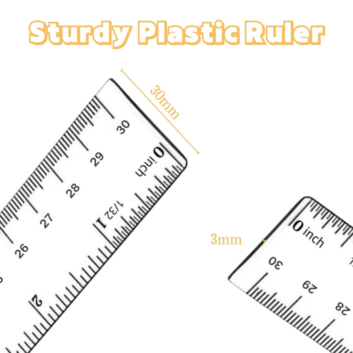 Plastic Ruler, 12 Inch Clear Plastic Ruler, Centimeter, Millimeter and Inches, Pack of 2