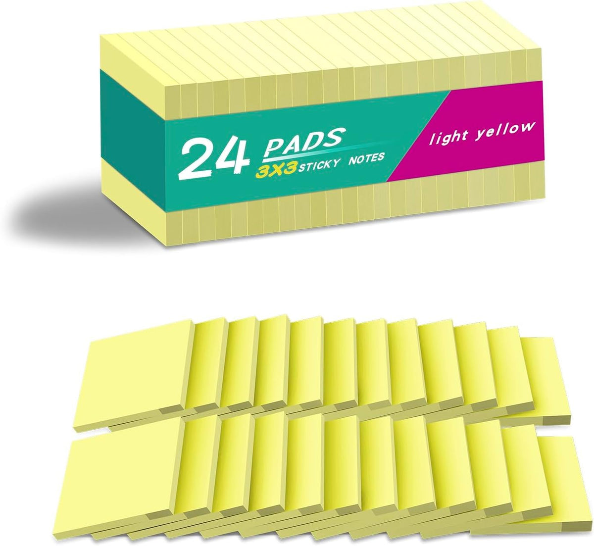 (24 Pads) Sticky Notes 3x3 in Yellow, Strong Adhesive, Clean Removal
