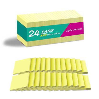 (24 Pads) Sticky Notes 3x3 in Yellow, Strong Adhesive, Clean Removal