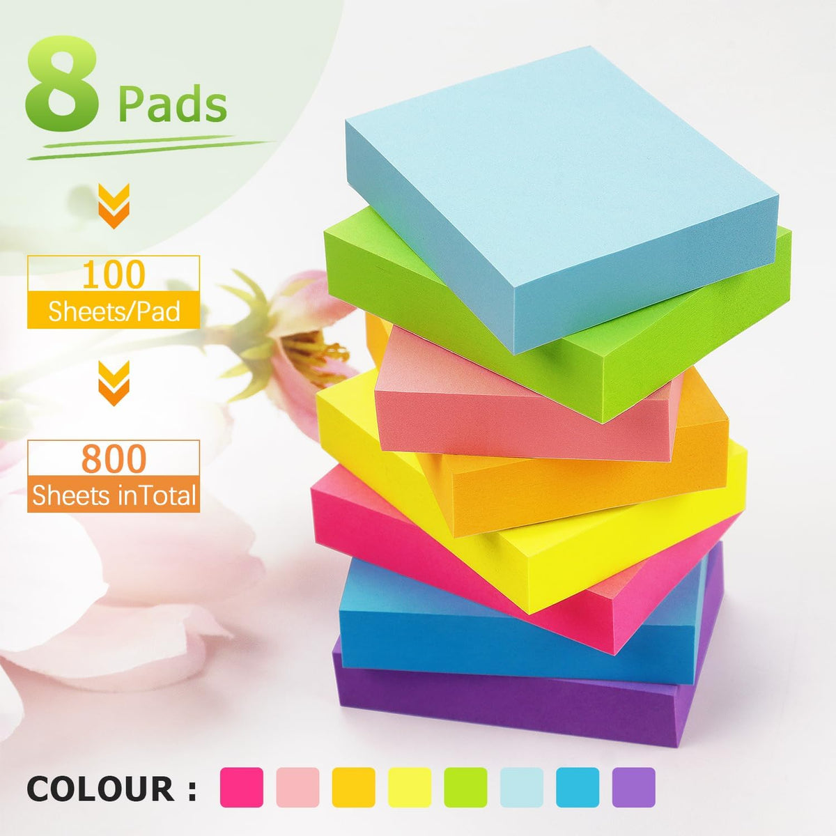 Sticky Notes 1.5x2 in, Bright Colors Self-Stick Pads 8 Pads, 100 Sheets/Pad