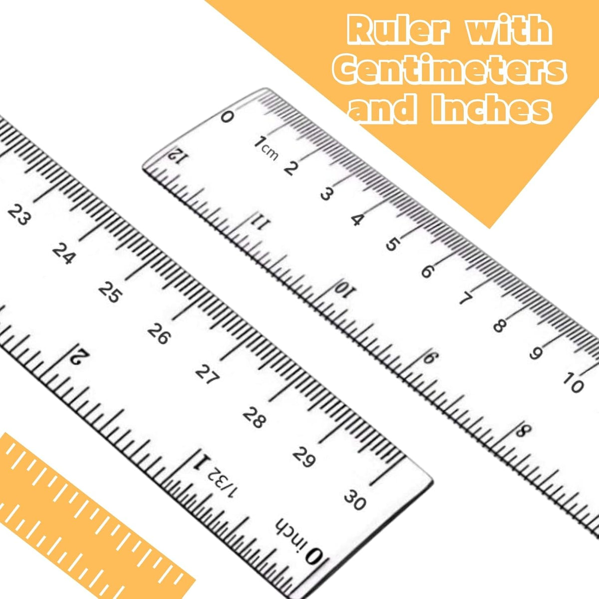 Plastic Ruler, 12 Inch Clear Plastic Ruler, Centimeter, Millimeter and Inches, Pack of 2
