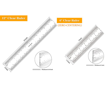 2 PCS 6 Inch /12Inch Clear Acrylic Ruler Zero-Centering Ruler with Inches & Metric Measuring Tool 12" and 6" Inch Straight Edge Rulers for Scrapbooking Card-Making Student School Office Home Tool