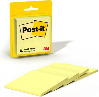 Post-it Notes, 3 in x 3 in, 4 Sticky Notes Pads, 50 Sheets per Pad, The Iconic Canary Yellow Note, School Supplies and Oﬃce Products