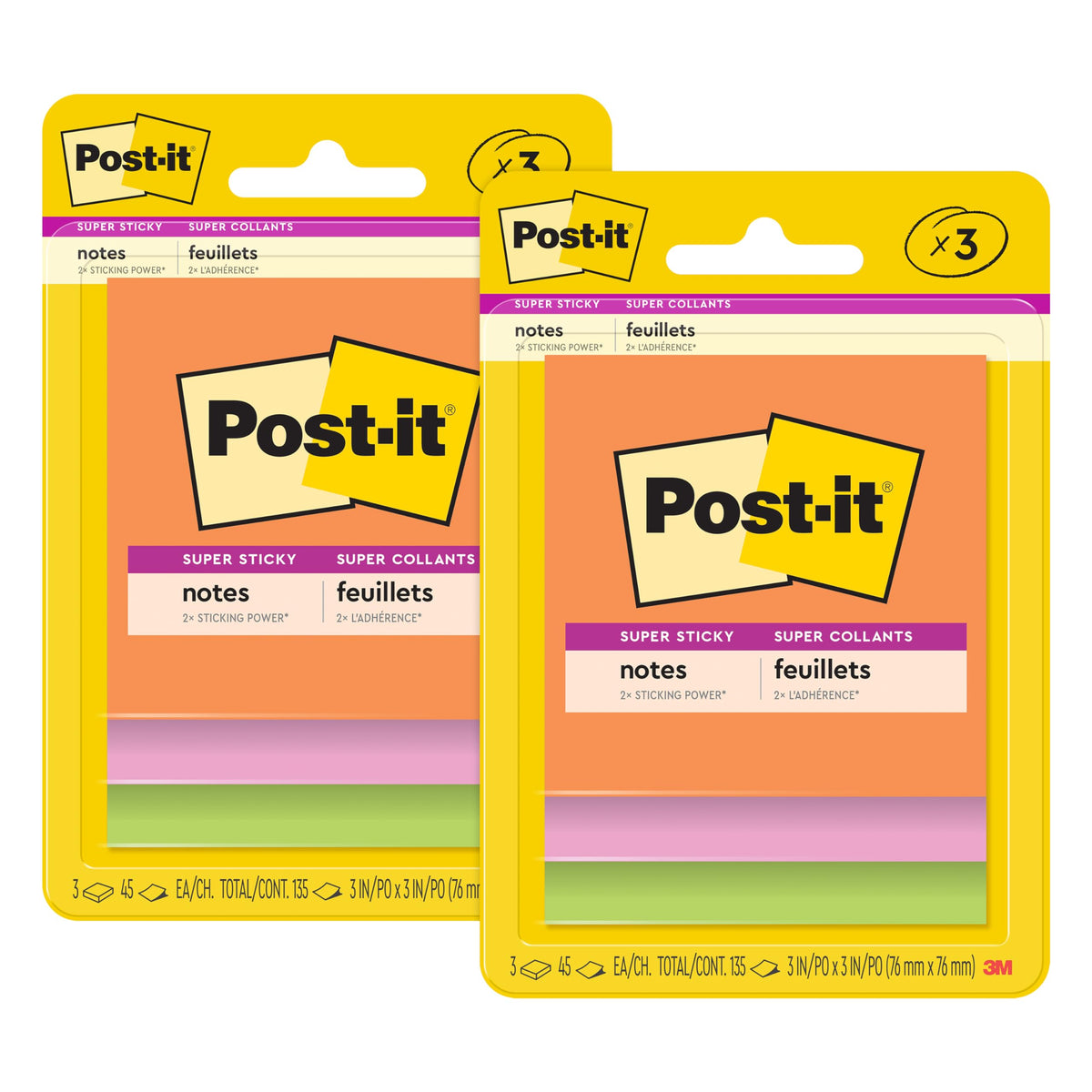 Post-it Super Sticky Notes, 3 x 3 in, Neon Fizz, 3 Pads, 45 Sheets/Pad