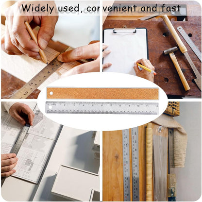 12 Inch Metal Ruler Stainless Steel Metal Ruler with Cork Backing, Non-Slip Rulers with Inch and Centimeters, Straight Edge Cork Base Rulers for Student School Office Drafting Tools