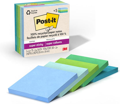 Post-it 100% Recycled Super Sticky Notes, 3 x 3 in, Pastels, 5 Pads