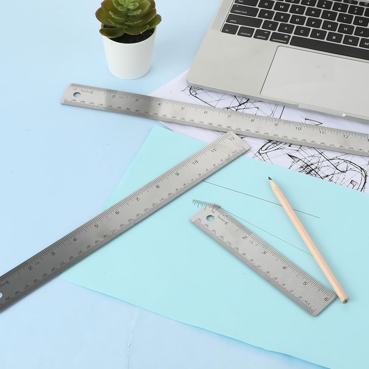 Metal Ruler with Cork Backing 6+12+18 Inch Stainless Steel Metal Ruler Non-Slip Rulers with Inch and Centimeters Straight Edge Cork Base Rulers for Drafting Office Tools, Prevent Ink Leakage