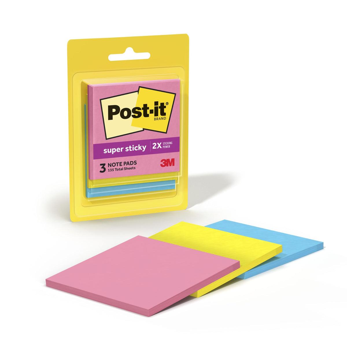 Post-it Super Sticky Notes, 3 x 3 in, Neon Fizz, 3 Pads, 45 Sheets/Pad