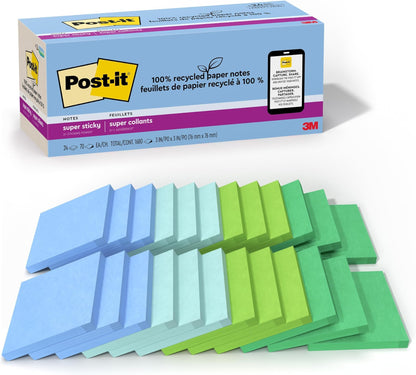 Post-it 100% Recycled Super Sticky Notes, 3 x 3 in, Oasis, 24 Pads