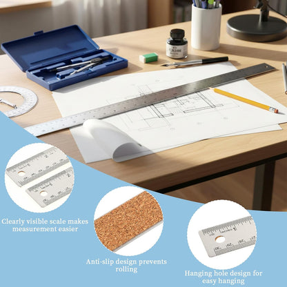 Metal Ruler 18 Inch - Stainless Steel Metal Ruler with Cork Backing Non-Slip Rulers with Inch and Centimeters Prevent Ink Leakage for School Office Drawing Engineering Tools