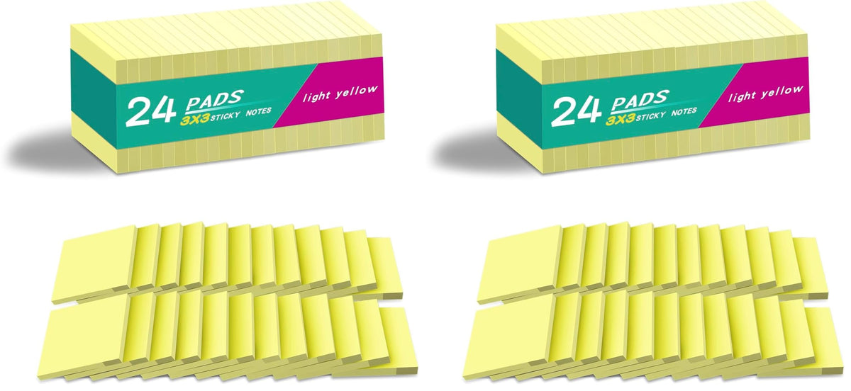 (24 Pads) Sticky Notes 3x3 in Yellow, Strong Adhesive, Clean Removal