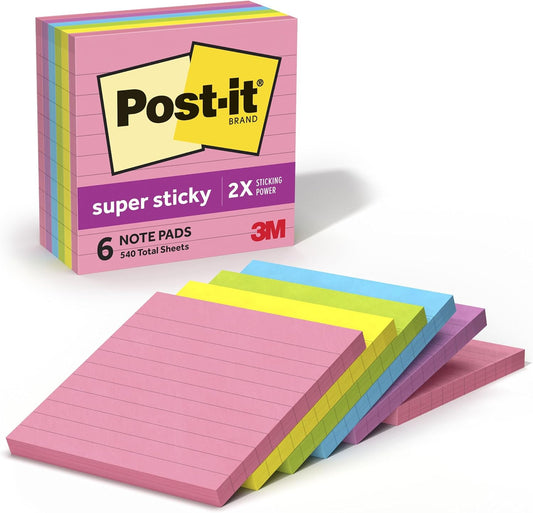 Post-it Super Sticky Notes, 4 x 4 in., Neon Fizz, 6 Lined Pads