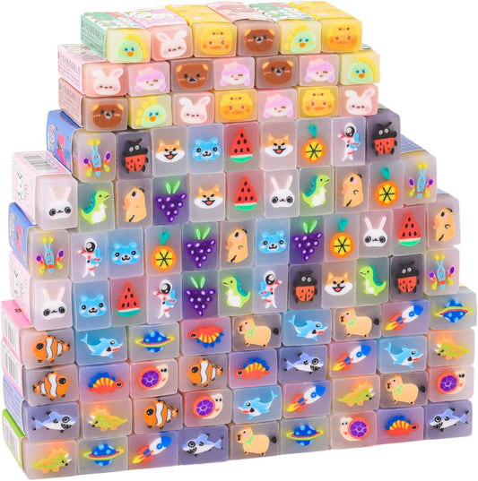 LiYiQ 100-Piece Kawaii Cute Animal Pencil Eraser for Kids, Back to School Supplies, Non-Toxic Rubber, Rectangular