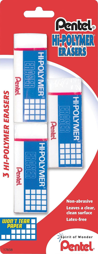 Pentel Super Hi-Polymer Eraser, Large, Nonabrasive, White (PENZEH10) (Pack of 2)