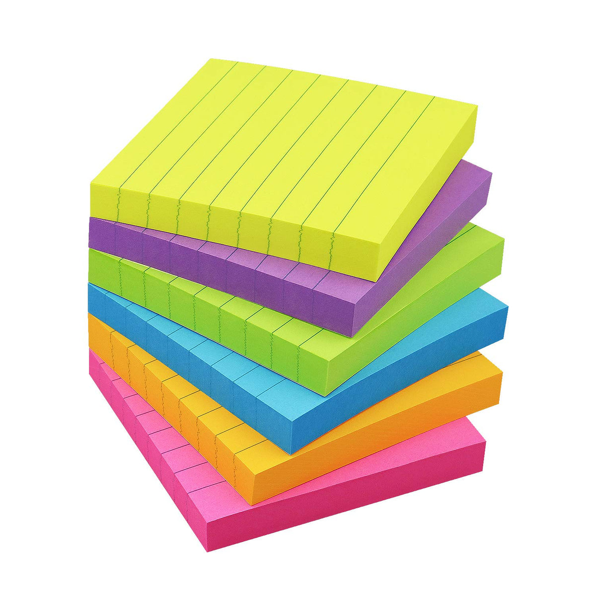 Lined Sticky Notes 3x3 in, 6 Bright Multi Colors,100 Sheet/Pad