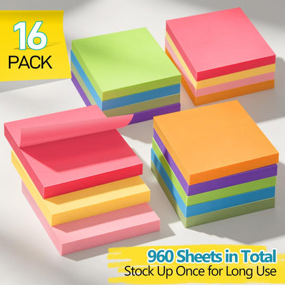 16 Pack of 3x3 Inch Sticky Notes Self-Stick Memo Pads - 960 Sheets in Total! Great for Home, Office & School
