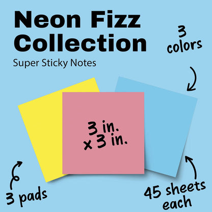 Post-it Super Sticky Notes, 3 x 3 in, Neon Fizz, 3 Pads, 45 Sheets/Pad