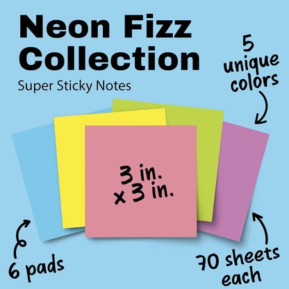 Post-it Super Sticky Notes, 3 x 3 in., Neon Fizz, 6 Pads
