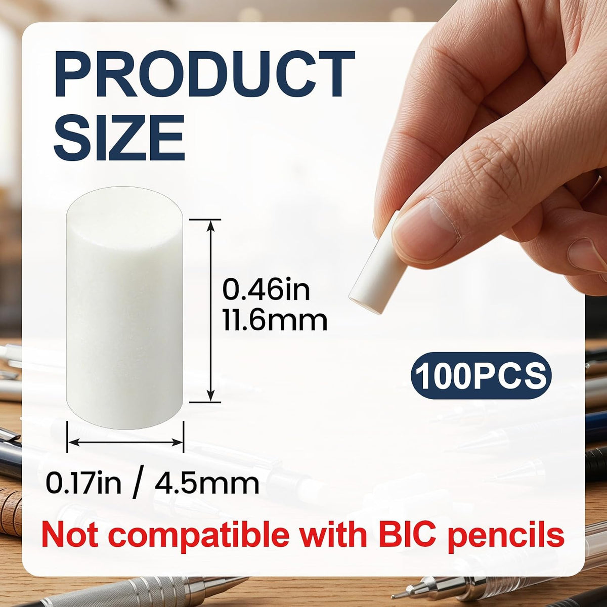 100pcs White Refill Erasers for Mechanical Pencil, 0.46x0.17in