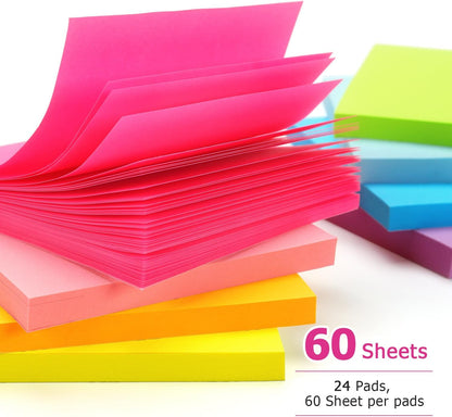 Early Buy 24 Pack Sticky Notes, 3×3 in, 8 Bright Colors, 60 Sheets/Pad