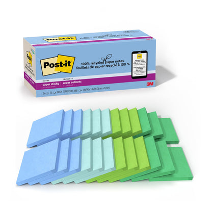 Post-it 100% Recycled Super Sticky Notes, 3 x 3 in, Oasis, 24 Pads