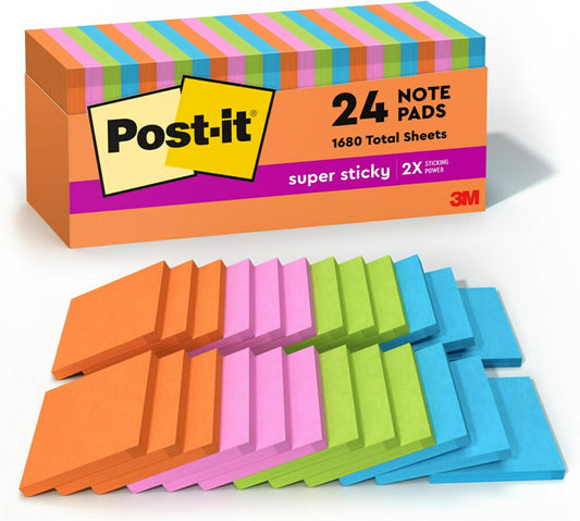 Post-it Super Sticky Notes, 3 x 3 in., Neon Fizz, 24 Pads