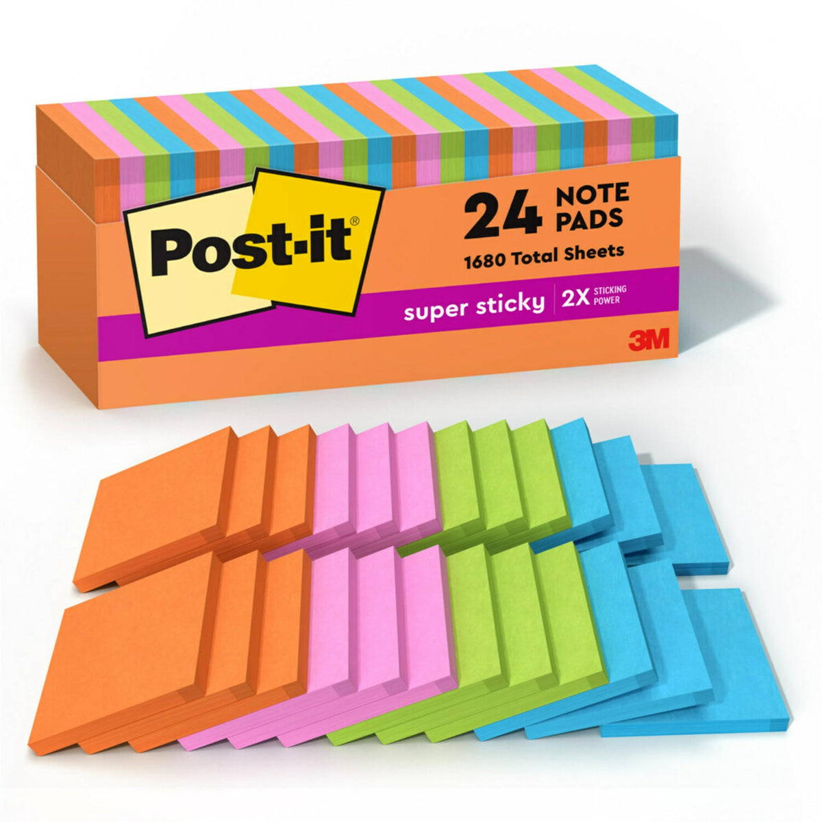 Post-it Super Sticky Notes, 3 x 3 in., Neon Fizz, 24 Pads