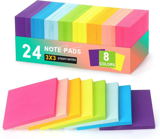 Early Buy 24 Pack Sticky Notes, 3×3 in, 8 Bright Colors, 60 Sheets/Pad