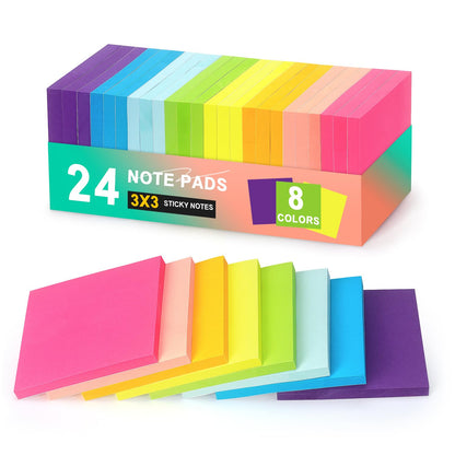 Early Buy 24 Pack Sticky Notes, 3×3 in, 8 Bright Colors, 60 Sheets/Pad
