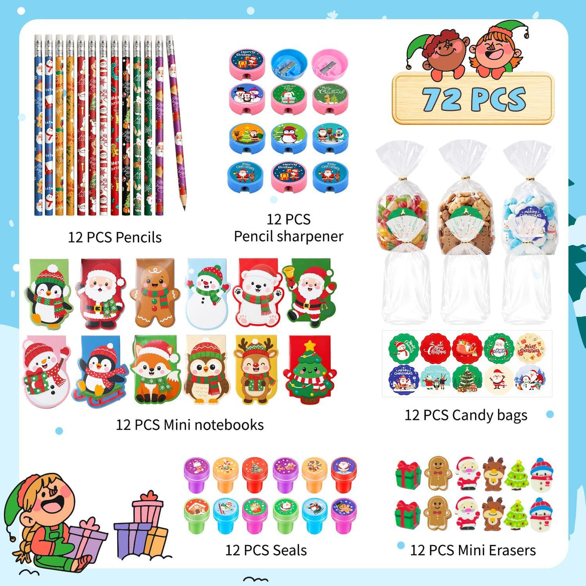 72Pcs Christmas Stationery Set for Kids Christmas Party Favors Bag Stuffers