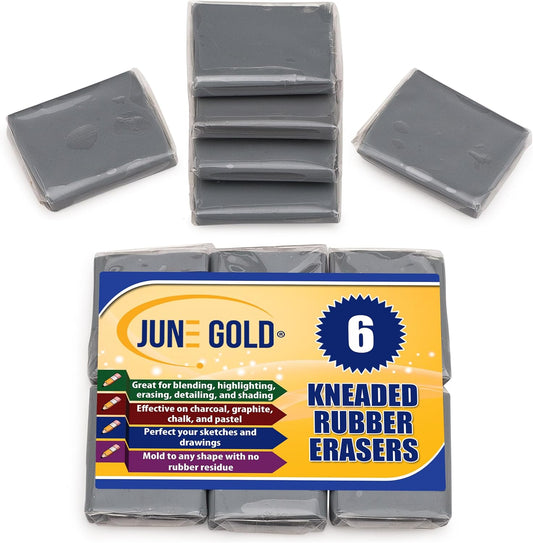 June Gold 6 Gray Kneaded Erasers, Moldable for Graphite, Charcoal & More