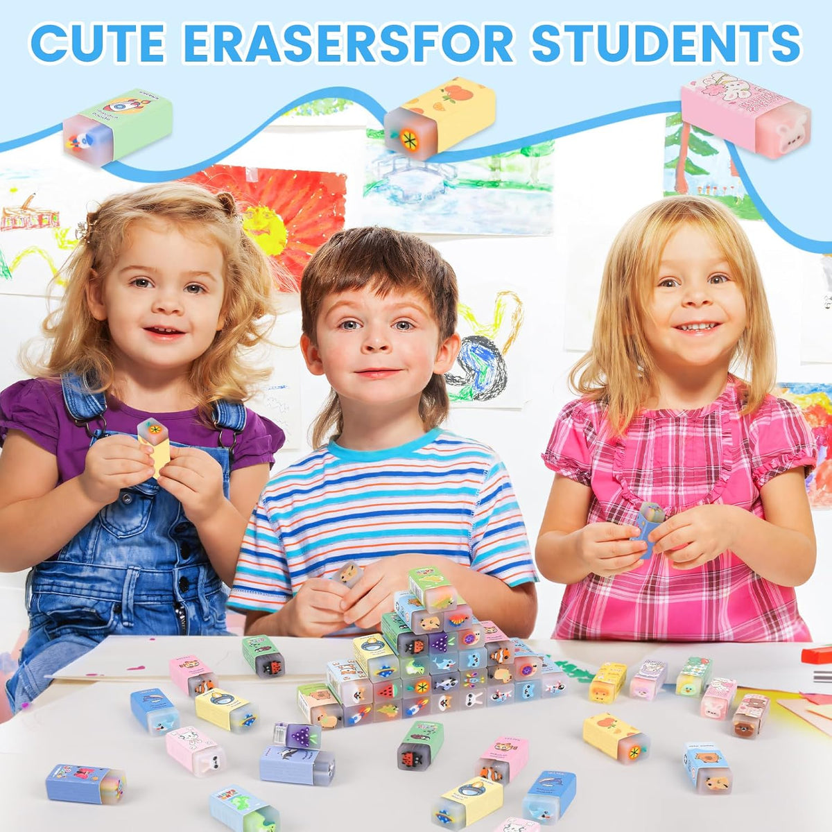 LiYiQ 100-Piece Kawaii Cute Animal Pencil Eraser for Kids, Back to School Supplies, Non-Toxic Rubber, Rectangular