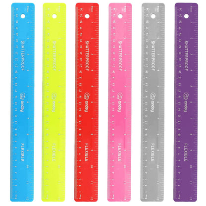Emraw 12 inches (30 cm) Shatterproof Flexible Rulers Designed in Black, Blue, Green, Pink, Purple, and Orange - Great for School, Home, & Office – (6 Pack)