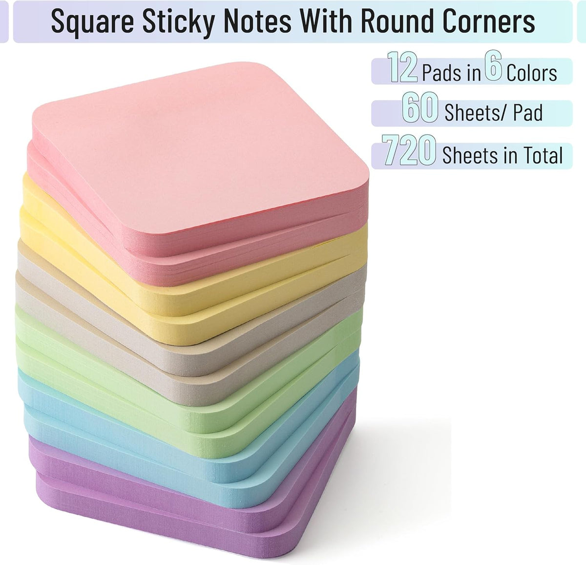 Mr. Pen- Sticky Notes, 2.8"x2.8", 12 Pads, 720 Sheets, Pastel Color
