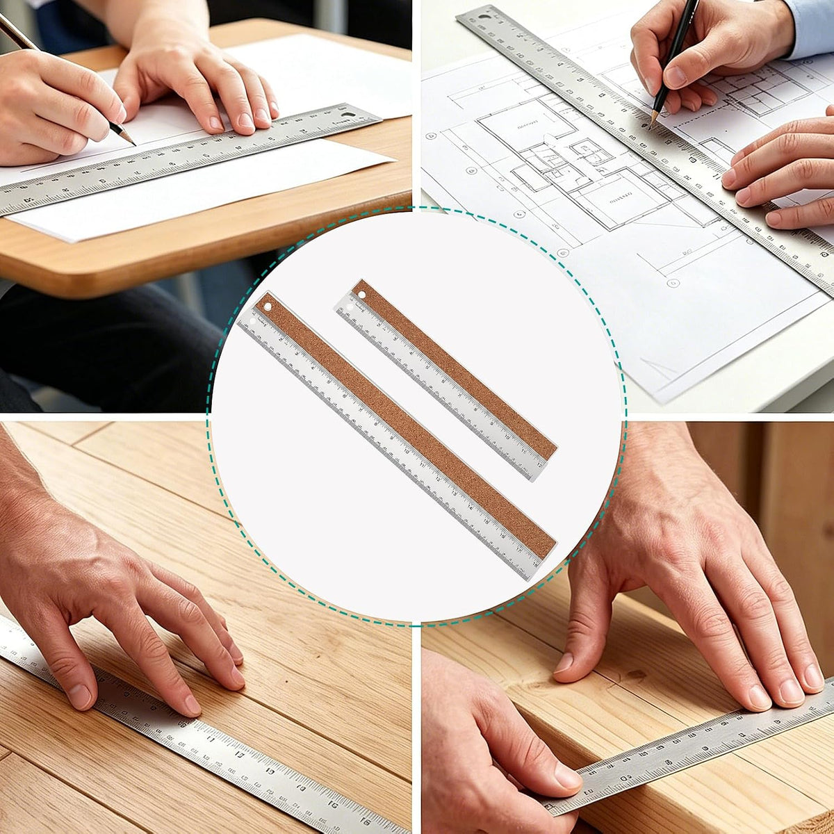 Metal Ruler 6+12+18 Inch Stainless Steel Ruler with Cork Backing