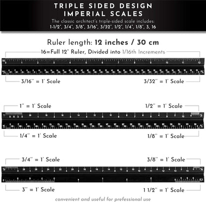 12-Inch Architectural and Engineering Scale Ruler Set (Imperial) | Laser-Etched Aluminum Triangular Drafting Tool | for Architect and Civil Engineer Blueprints | Standard Metal Ruler Included
