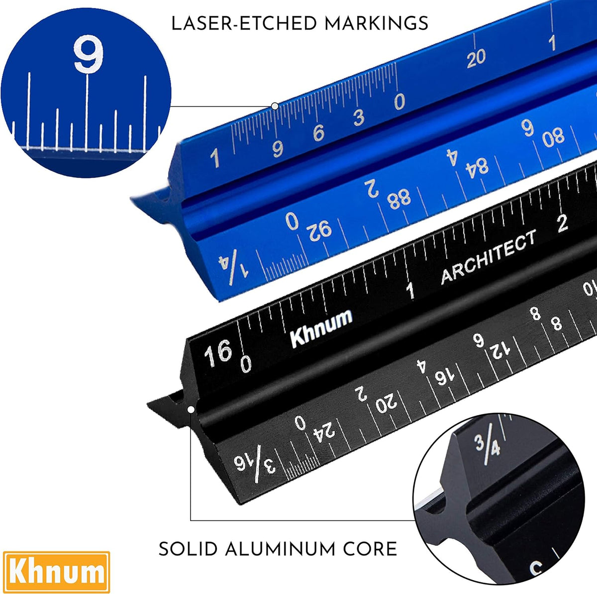12-Inch Architectural and Engineering Scale Ruler Set (Imperial) | Laser-Etched Aluminum Triangular Drafting Tool | for Architect and Civil Engineer Blueprints | Standard Metal Ruler Included