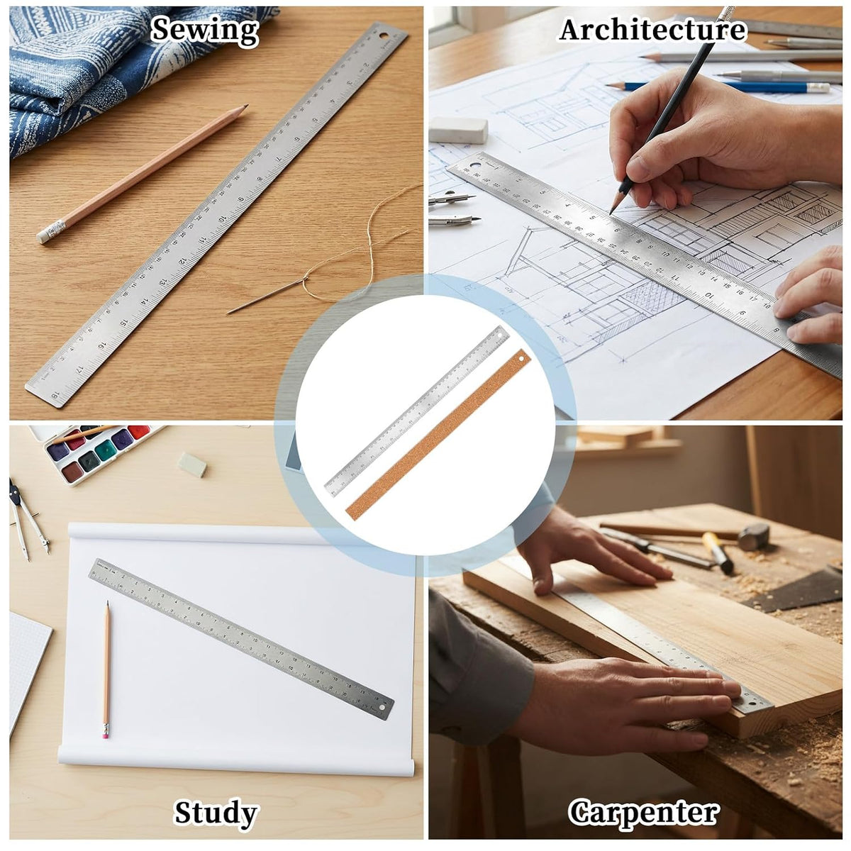 Metal Ruler 18 Inch - Stainless Steel Metal Ruler with Cork Backing Non-Slip Rulers with Inch and Centimeters Prevent Ink Leakage for School Office Drawing Engineering Tools