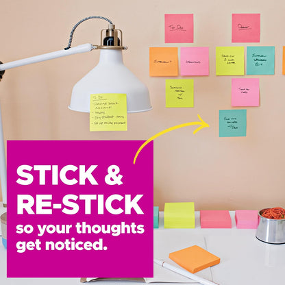 Post-it Super Sticky Notes, 3 x 3 in., Neon Fizz, 24 Pads