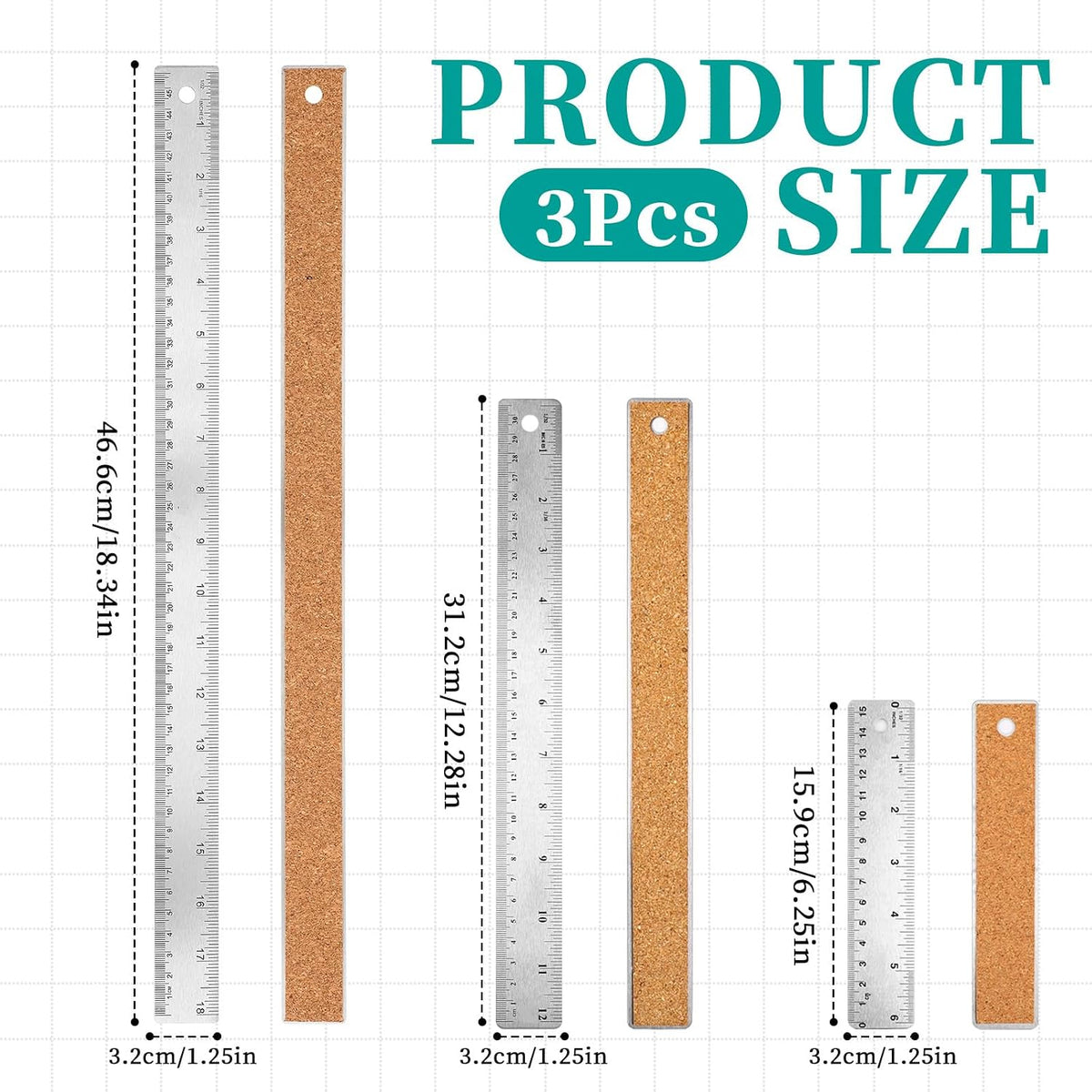 Metal Ruler with Cork Backing 6+12+18 Inch Stainless Steel Metal Ruler Non-Slip Rulers with Inch and Centimeters Straight Edge Cork Base Rulers for Drafting Office Tools, Prevent Ink Leakage